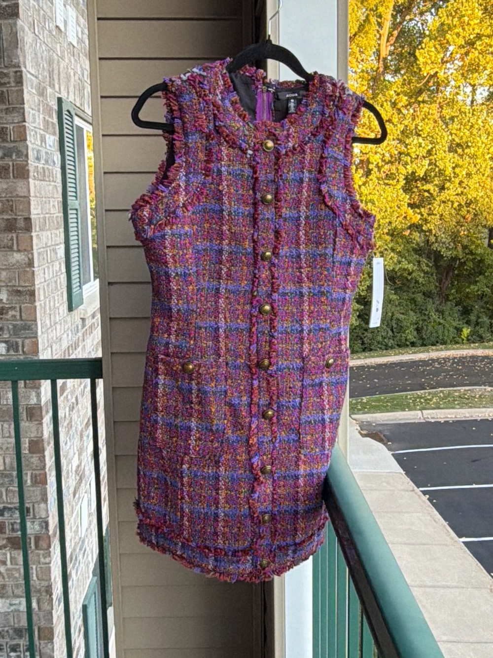 🆕💗💜AQUA Multicolor Tweed Plaid Sleeveless Mini Dress Gold Buttons Size S - Picture 3 of 17